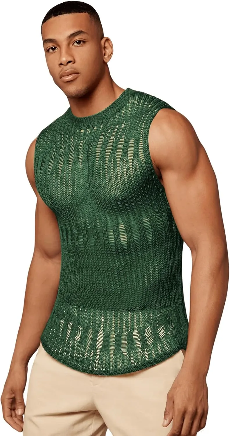 Verdusa Men's Knitted Tank Top Sleeveless Round Neck Pullover Shirt Undershirt