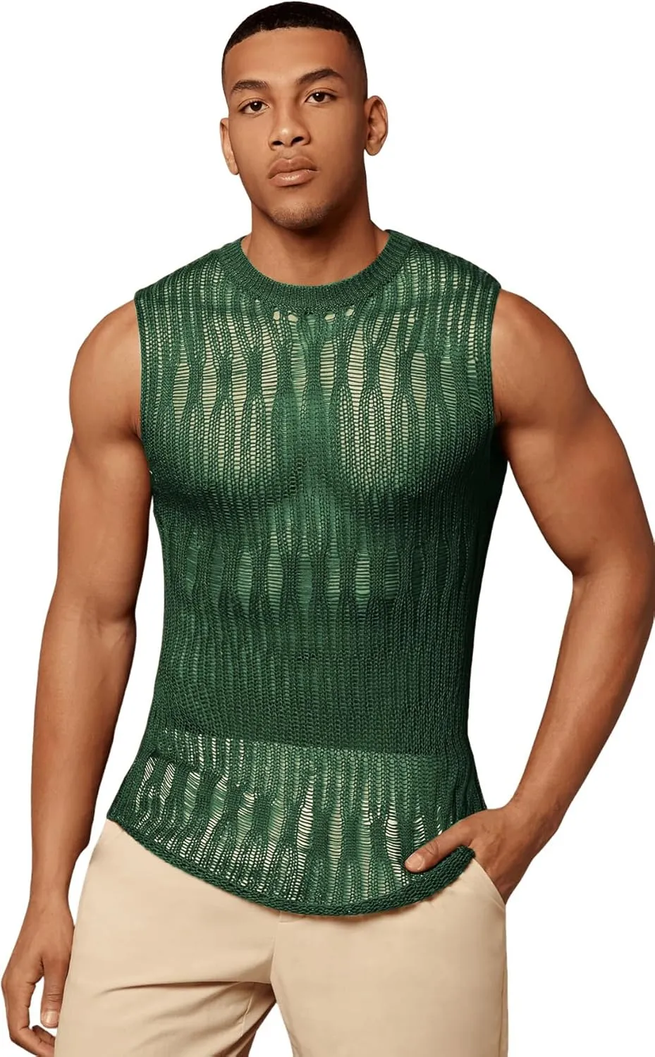 Verdusa Men's Knitted Tank Top Sleeveless Round Neck Pullover Shirt Undershirt