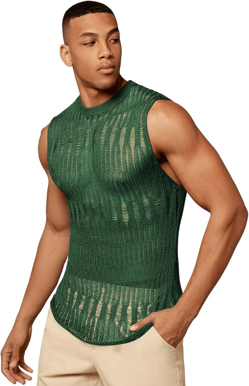 Verdusa Men's Knitted Tank Top Sleeveless Round Neck Pullover Shirt Undershirt