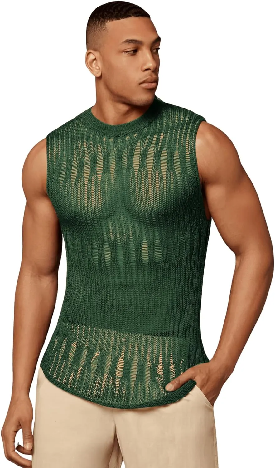 Verdusa Men's Knitted Tank Top Sleeveless Round Neck Pullover Shirt Undershirt