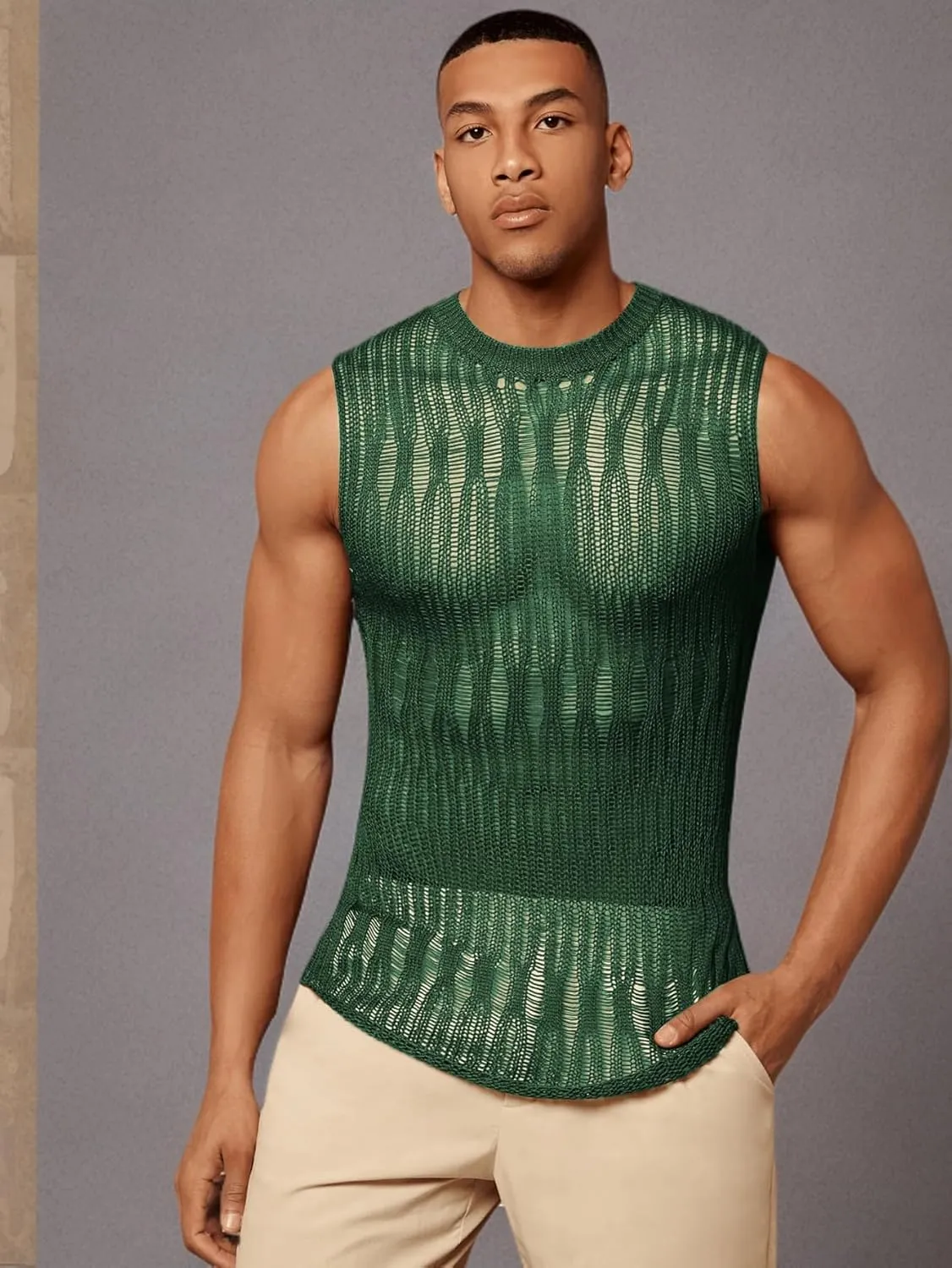 Verdusa Men's Knitted Tank Top Sleeveless Round Neck Pullover Shirt Undershirt