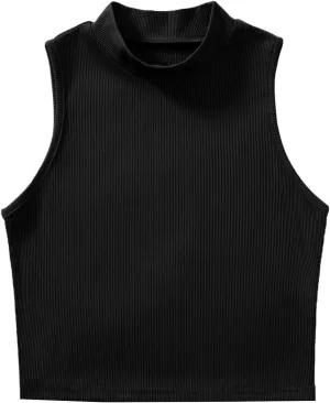 Verdusa Women's Basic Sleeveless Mock Neck Rib Knit Tank Crop Top