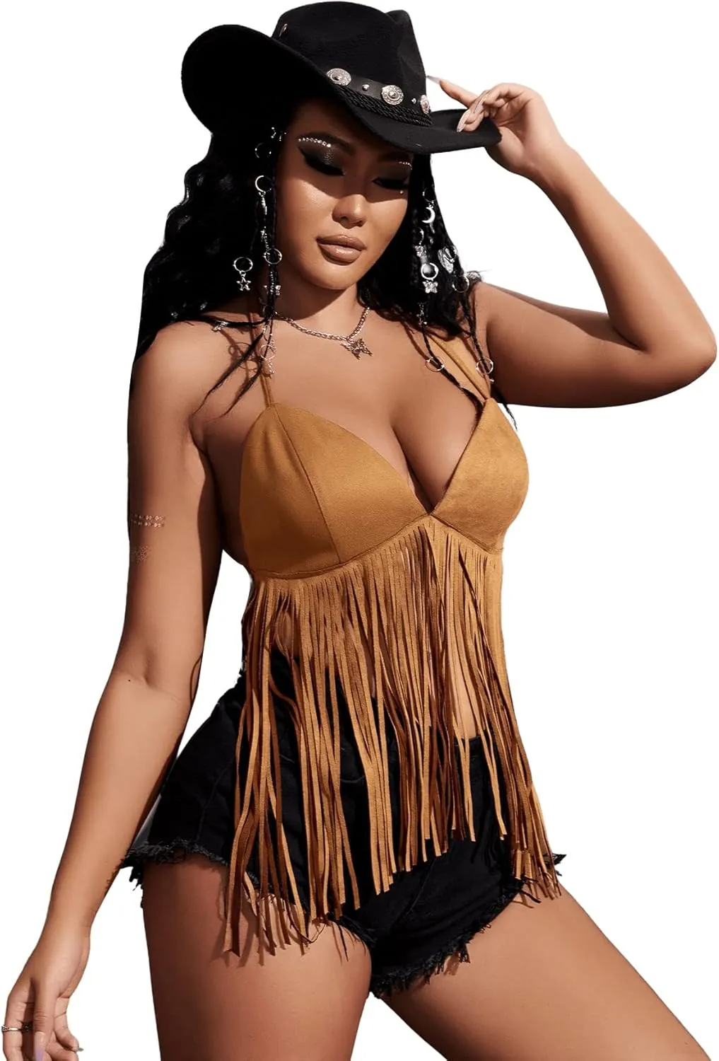 Verdusa Women's Fringe Tied Backless Deep V Neck Suede Halter Top