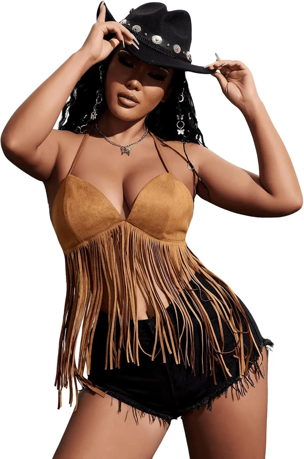 Verdusa Women's Fringe Tied Backless Deep V Neck Suede Halter Top