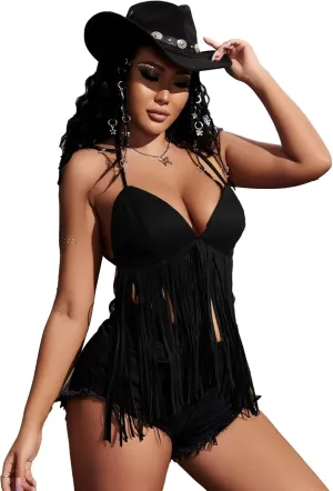 Verdusa Women's Fringe Tied Backless Deep V Neck Suede Halter Top