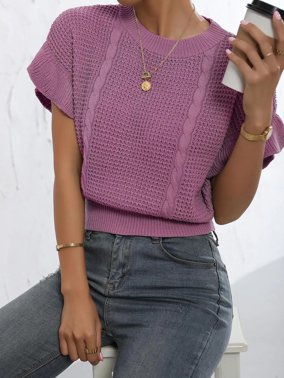 Verdusa Women's Ruffled Short Sleeve Round Neck Knitted Top Pullovers Sweater