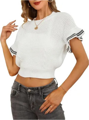 Verdusa Women's Ruffled Short Sleeve Round Neck Knitted Top Pullovers Sweater