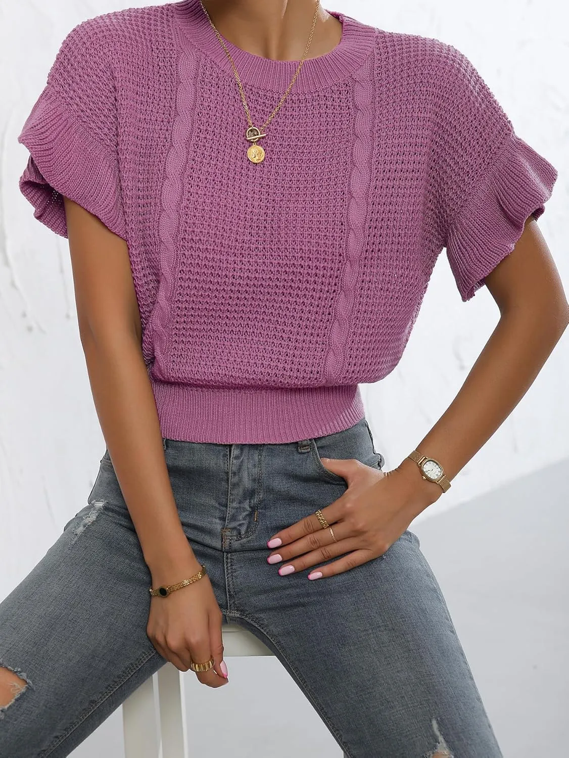 Verdusa Women's Ruffled Short Sleeve Round Neck Knitted Top Pullovers Sweater