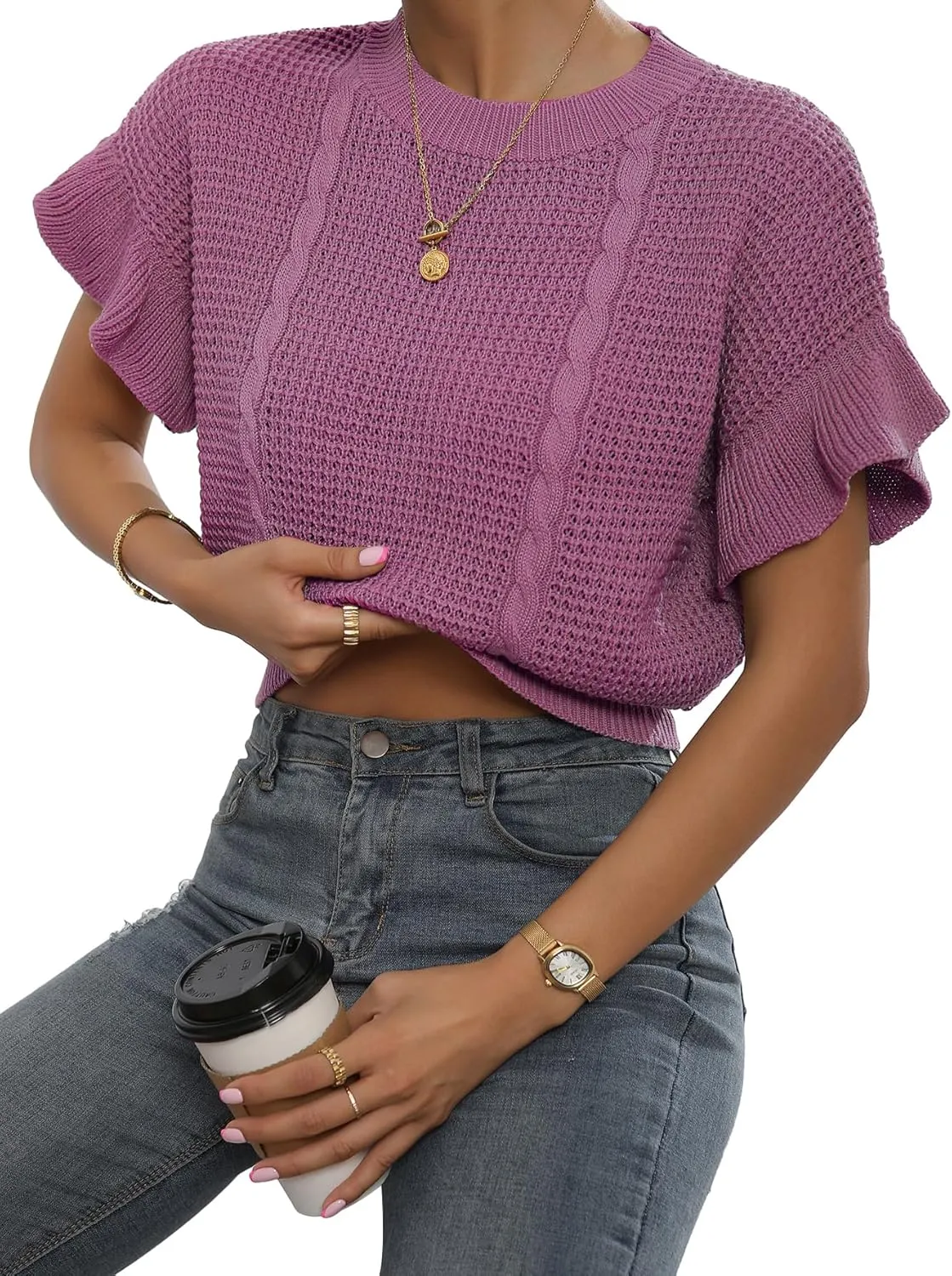 Verdusa Women's Ruffled Short Sleeve Round Neck Knitted Top Pullovers Sweater