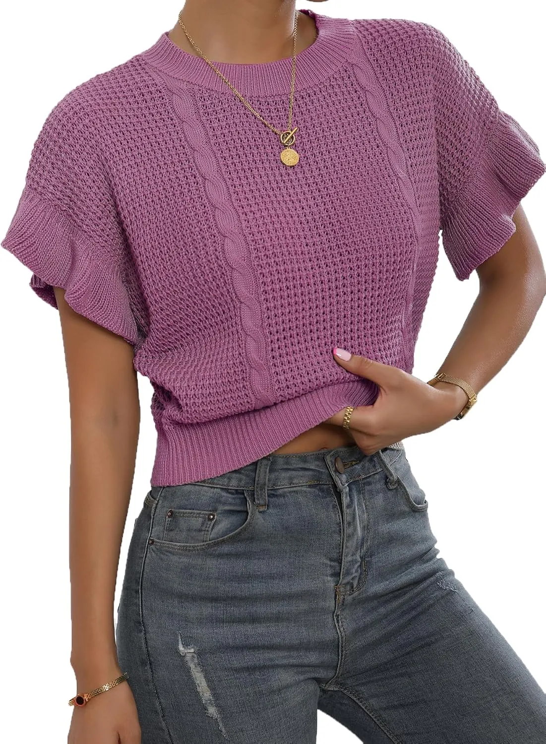 Verdusa Women's Ruffled Short Sleeve Round Neck Knitted Top Pullovers Sweater