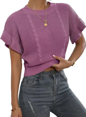 Verdusa Women's Ruffled Short Sleeve Round Neck Knitted Top Pullovers Sweater