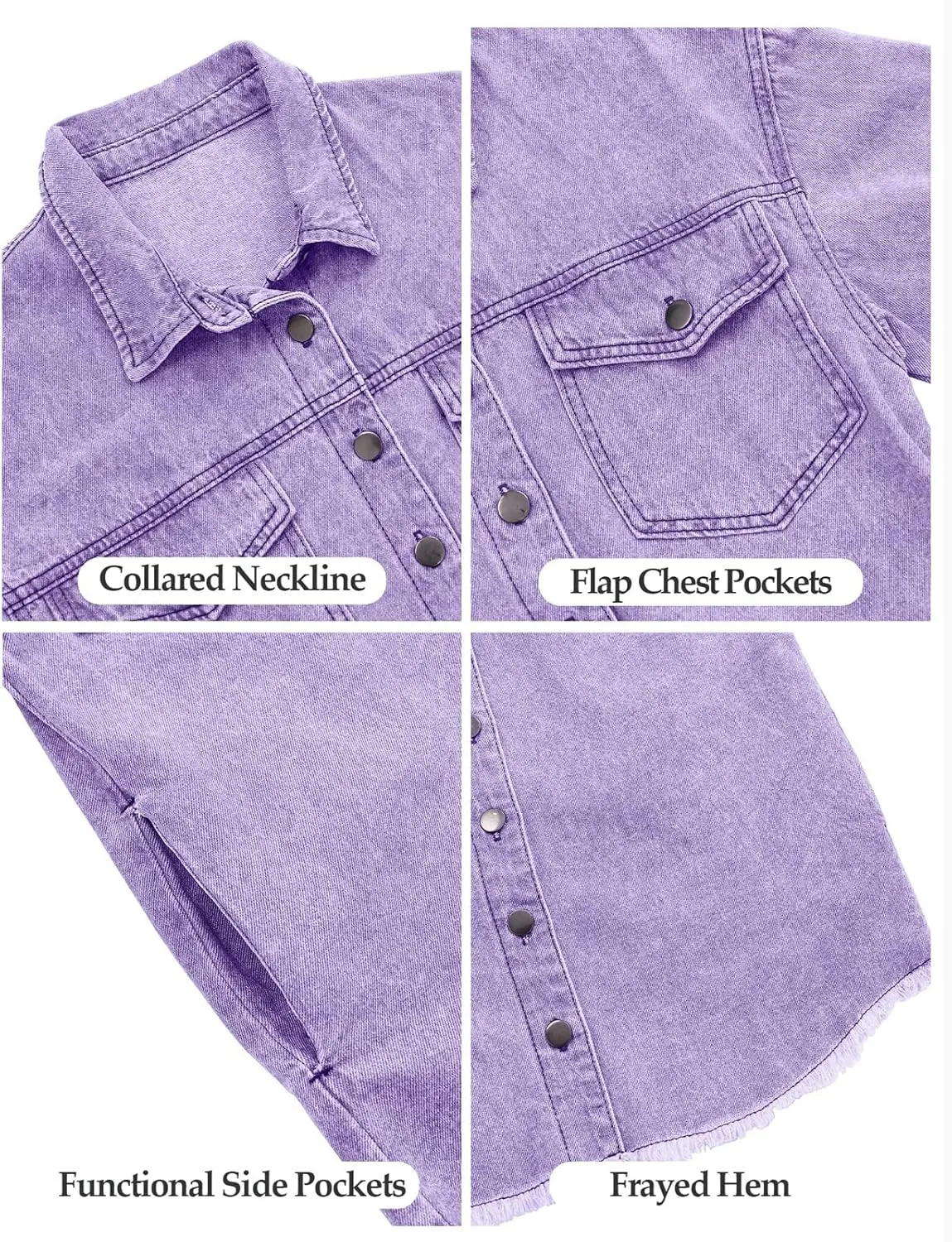 Vetinee Womens Oversized Button Up Frayed Hem Shacket Long Sleeve Pockets Denim Jean Jacket