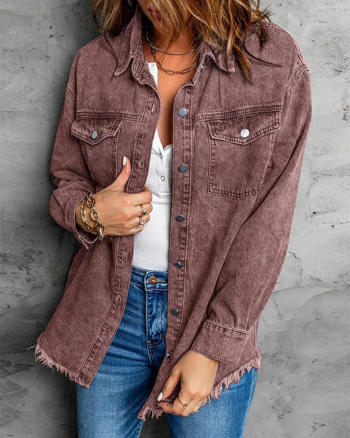Vetinee Womens Oversized Button Up Frayed Hem Shacket Long Sleeve Pockets Denim Jean Jacket