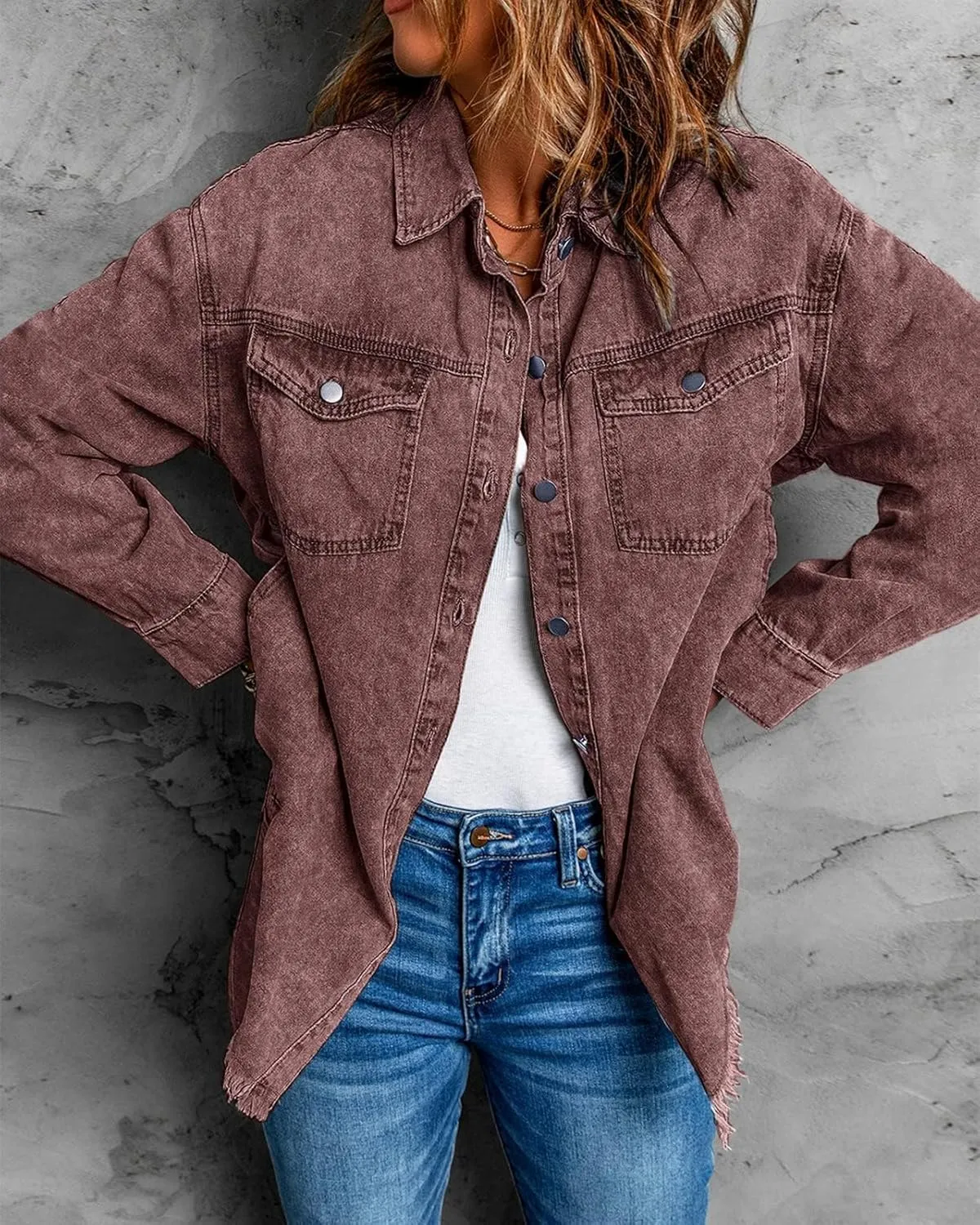 Vetinee Womens Oversized Button Up Frayed Hem Shacket Long Sleeve Pockets Denim Jean Jacket