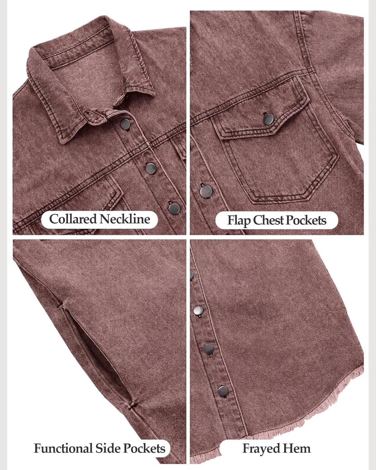 Vetinee Womens Oversized Button Up Frayed Hem Shacket Long Sleeve Pockets Denim Jean Jacket
