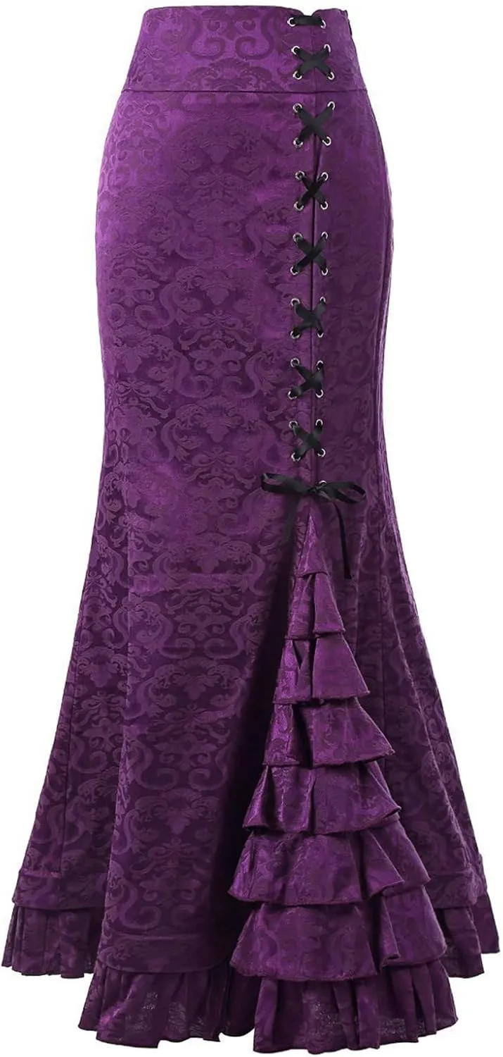 Victorian Pencil Skirt for Women Vintage Steampunk Lace up Tiered Ruffle Maxi Skirts High Waisted Long Mermaid Fishtail Skirt