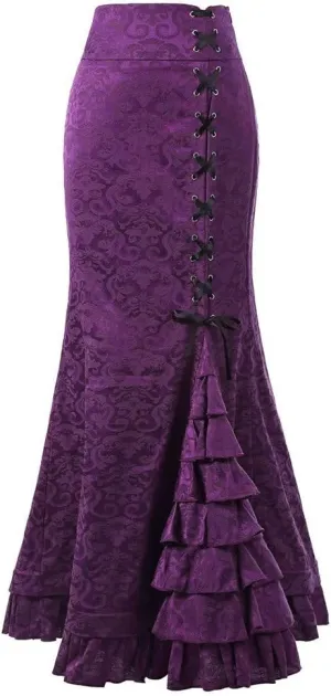 Victorian Pencil Skirt for Women Vintage Steampunk Lace up Tiered Ruffle Maxi Skirts High Waisted Long Mermaid Fishtail Skirt