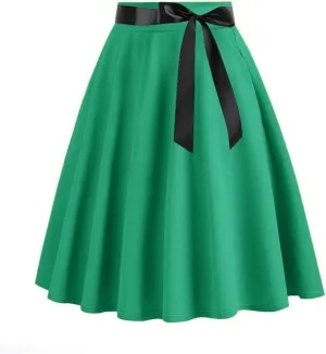 Vintage Pleated Skirt for Womens Solid Color High Waist Midi Skirt Fashion Elegant Swing A-Line Skirt with Belts