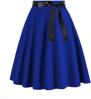 Vintage Pleated Skirt for Womens Solid Color High Waist Midi Skirt Fashion Elegant Swing A-Line Skirt with Belts