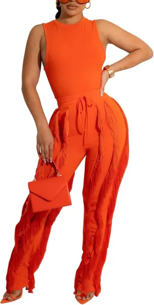 Vssjavun Women 2 Piece Outfits Casual Sleeveless Tank Tops High Waist Tassel Fringe Long Pants Sets Sweatsuit Clubwear