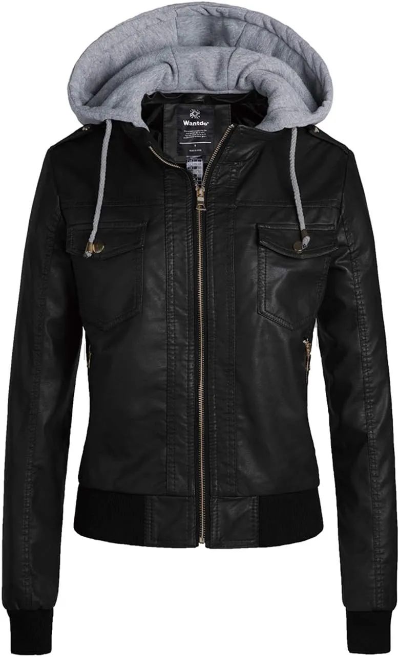 wantdo Women's Lightweight Leather Jacket Casual Motorcycle PU Biker Coat with Removable Hood