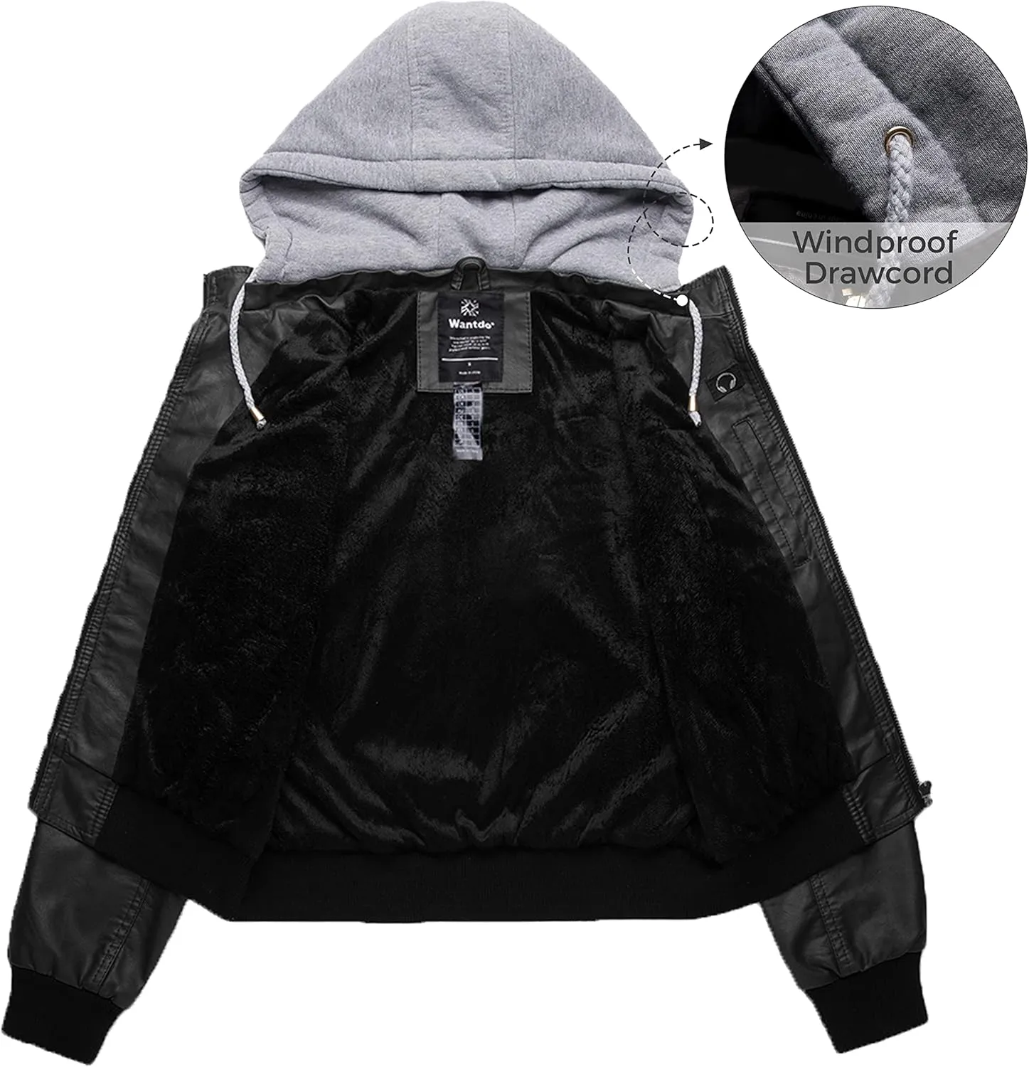 wantdo Women's Lightweight Leather Jacket Casual Motorcycle PU Biker Coat with Removable Hood