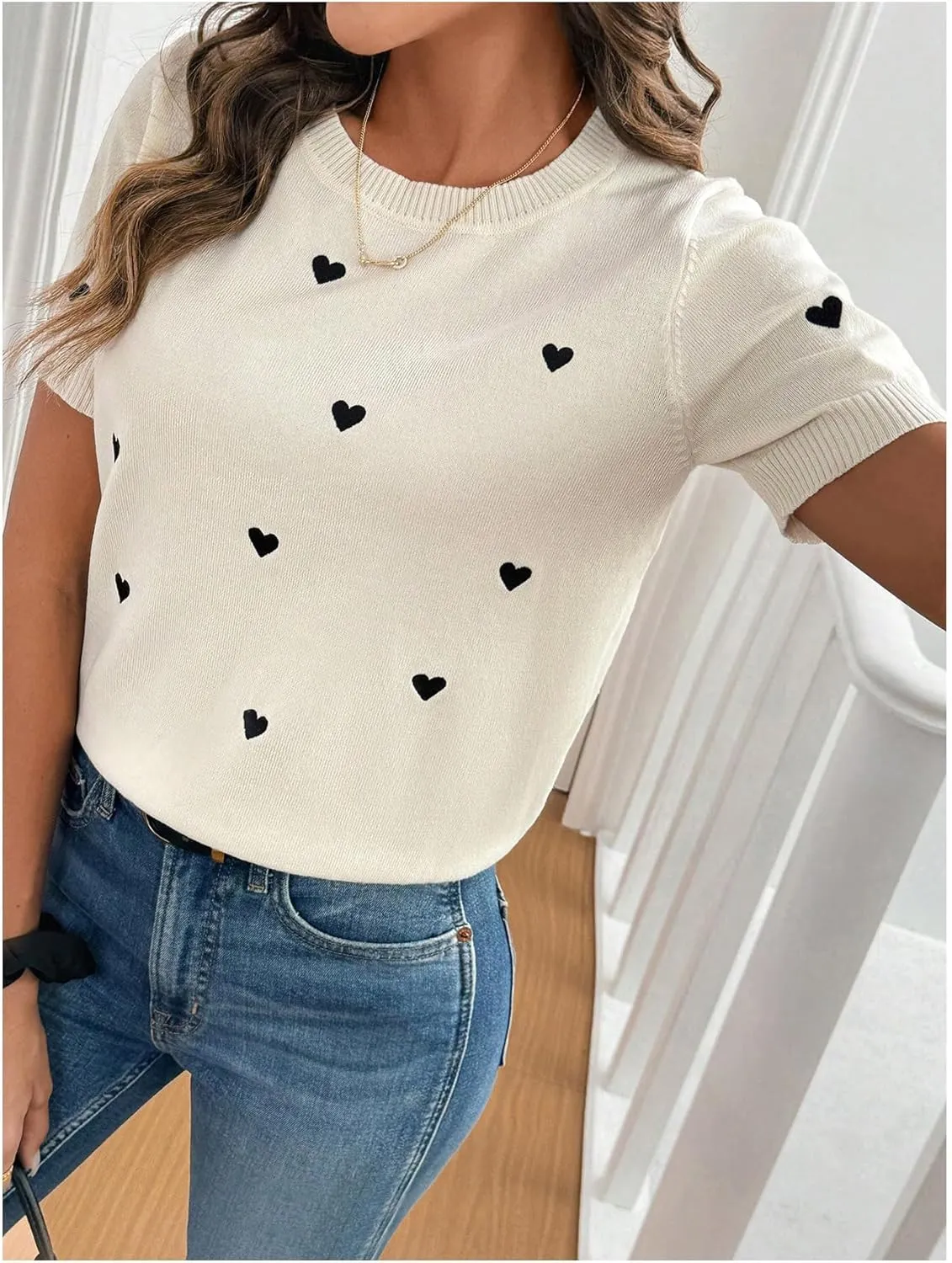 WDIRARA Women's Heart Pattern Sweater Crewneck Short Sleeve Pullovers Knit Top