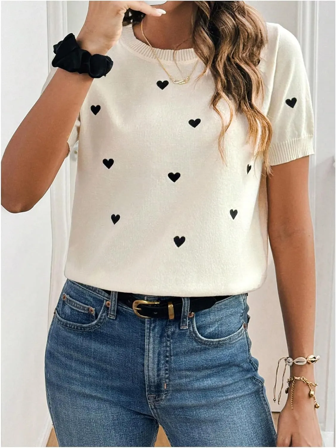 WDIRARA Women's Heart Pattern Sweater Crewneck Short Sleeve Pullovers Knit Top
