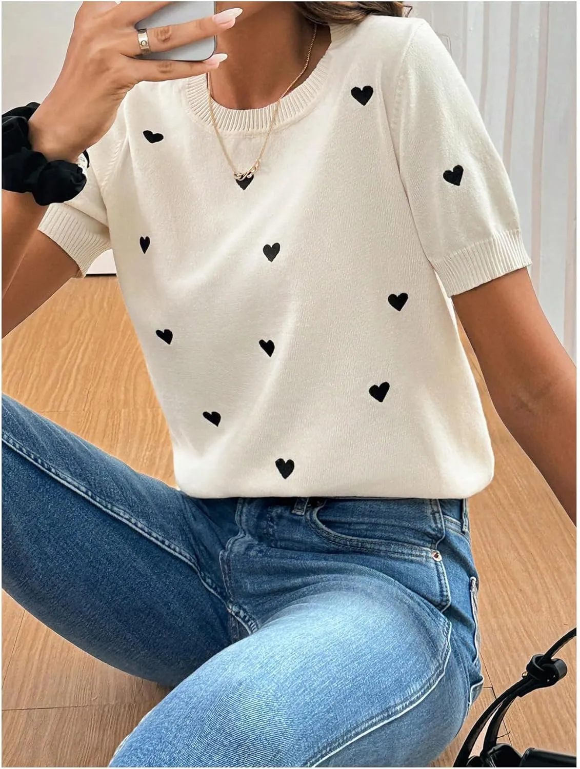 WDIRARA Women's Heart Pattern Sweater Crewneck Short Sleeve Pullovers Knit Top