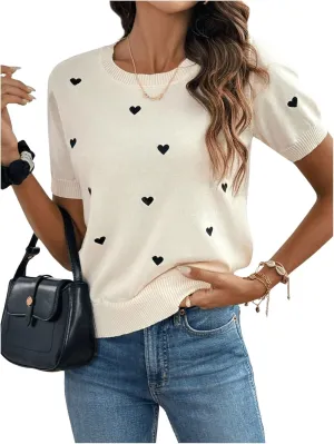 WDIRARA Women's Heart Pattern Sweater Crewneck Short Sleeve Pullovers Knit Top