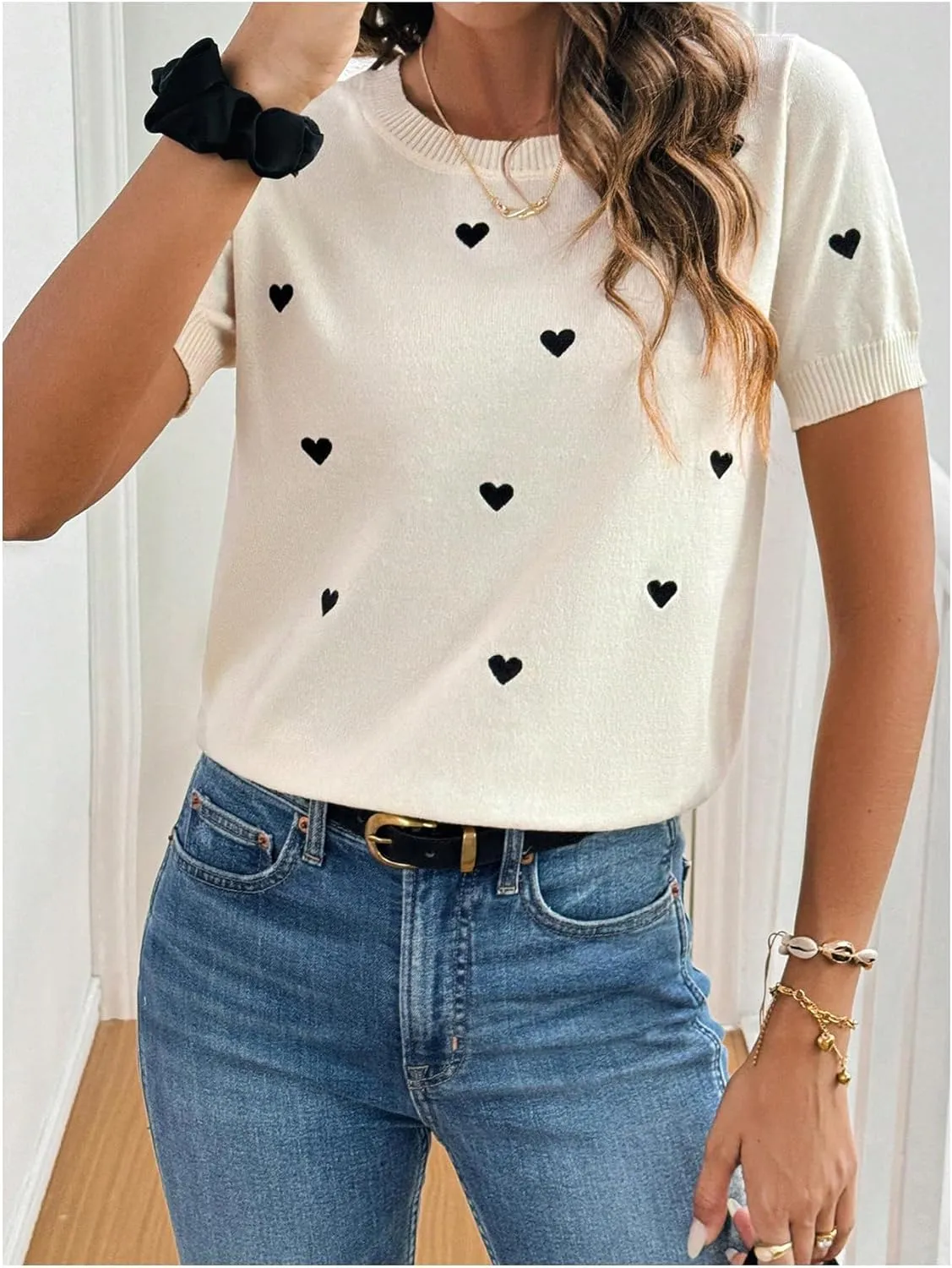 WDIRARA Women's Heart Pattern Sweater Crewneck Short Sleeve Pullovers Knit Top