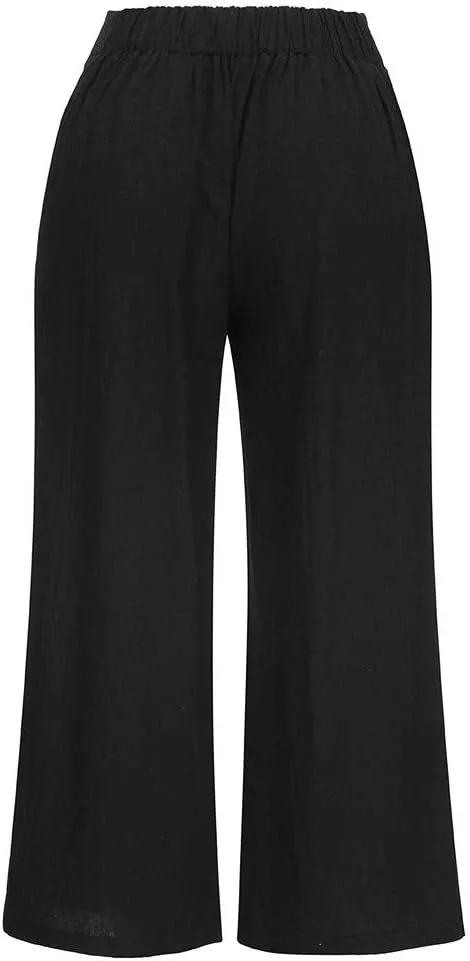 White Linen Pants Women Lounge Summer Baggy Waist Trousers with Pockets Solid Travel Palazzo Pants for Women