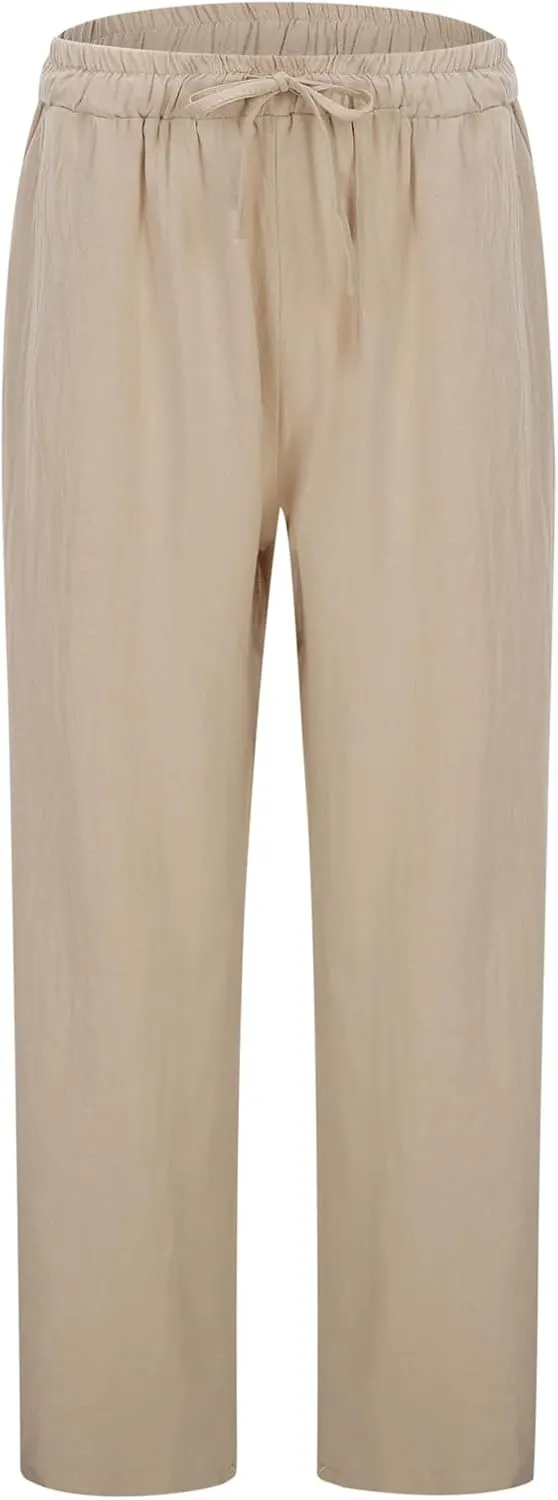 Wide Leg Cotton Linen Pants Women Summer Solid Lounge Trousers with Pockets Comfy Soft Loose Flowy Baggy Casual Pants
