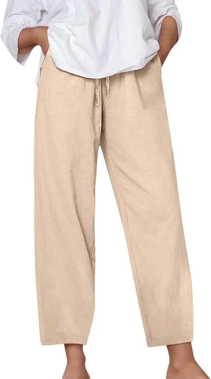 Wide Leg Cotton Linen Pants Women Summer Solid Lounge Trousers with Pockets Comfy Soft Loose Flowy Baggy Casual Pants