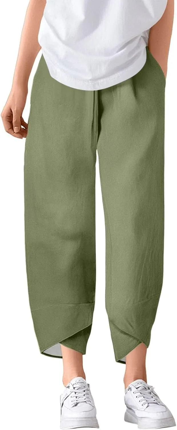 Wide Leg Linen Pants for Women Capri Summer Pants Palazzo Lounge Elastic Waist Cropped Beach Trousers with Pockets