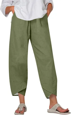 Wide Leg Linen Pants for Women Capri Summer Pants Palazzo Lounge Elastic Waist Cropped Beach Trousers with Pockets