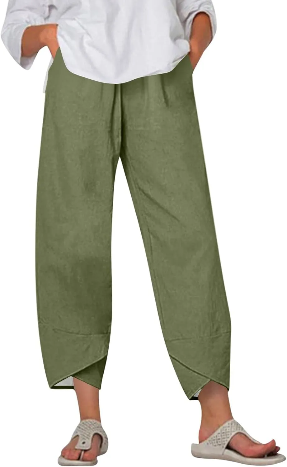 Wide Leg Linen Pants for Women Capri Summer Pants Palazzo Lounge Elastic Waist Cropped Beach Trousers with Pockets