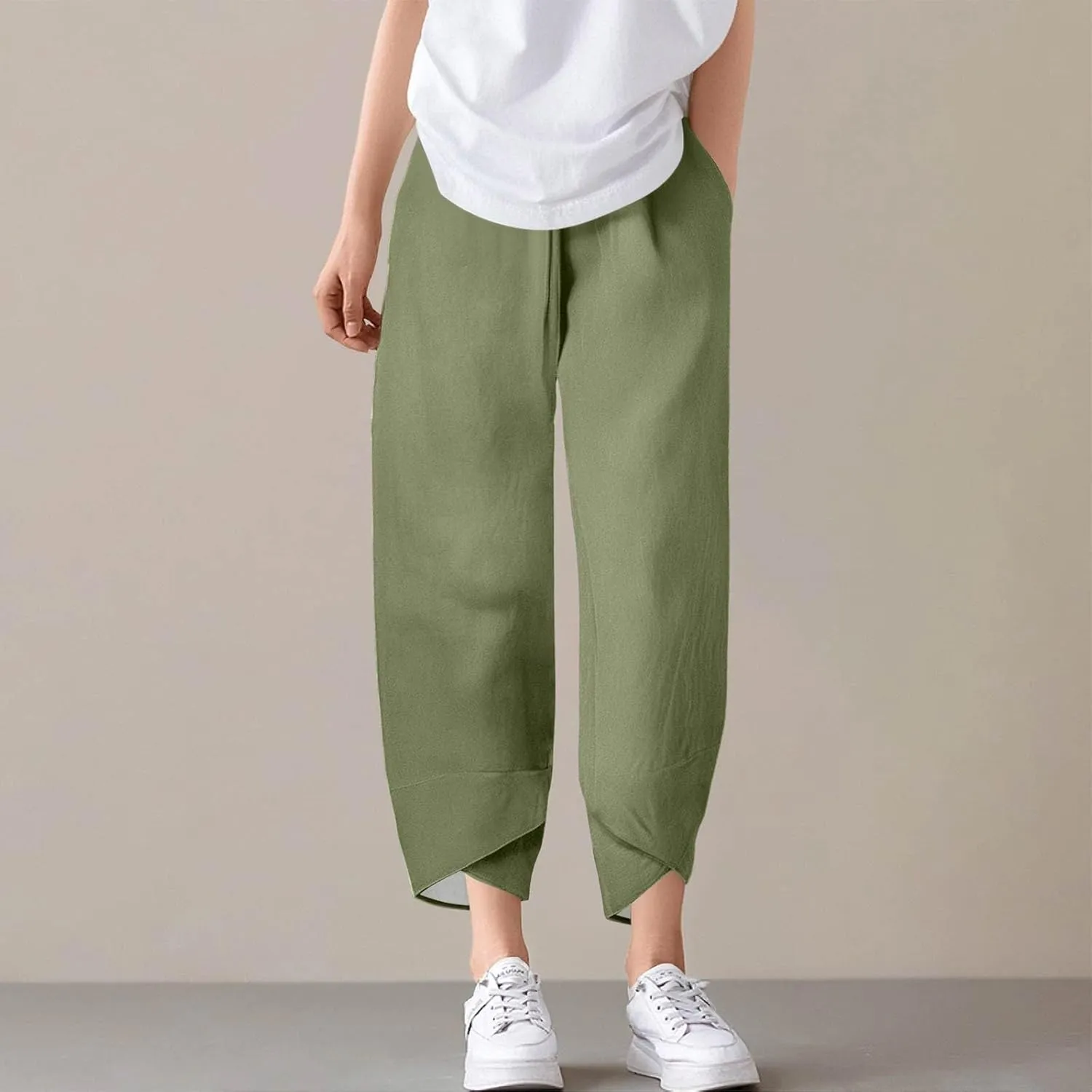 Wide Leg Linen Pants for Women Capri Summer Pants Palazzo Lounge Elastic Waist Cropped Beach Trousers with Pockets