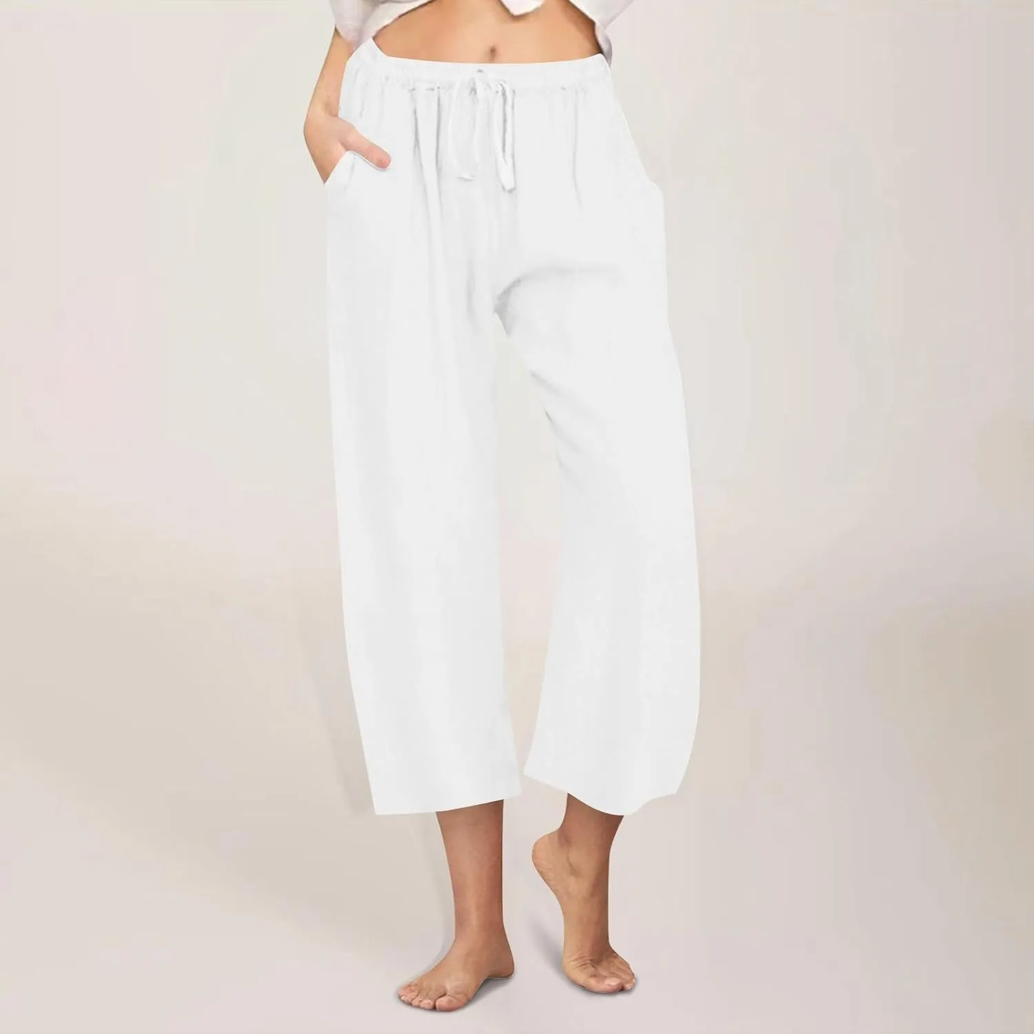 Wide Leg Linen Pants for Women Elastic Waist Casual Crop Capri Pant Loose Comfy Lounge Trouser Summer Beach Outfits