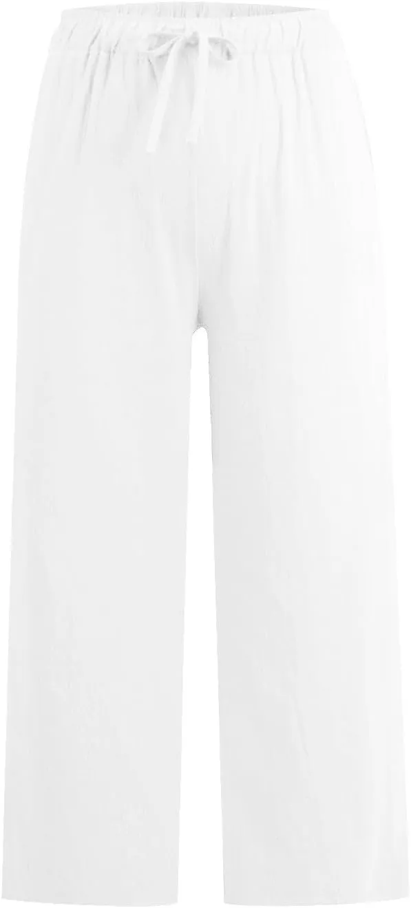 Wide Leg Linen Pants for Women Elastic Waist Casual Crop Capri Pant Loose Comfy Lounge Trouser Summer Beach Outfits