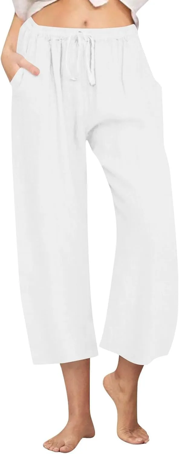 Wide Leg Linen Pants for Women Elastic Waist Casual Crop Capri Pant Loose Comfy Lounge Trouser Summer Beach Outfits