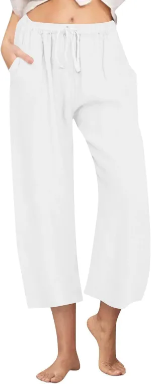 Wide Leg Linen Pants for Women Elastic Waist Casual Crop Capri Pant Loose Comfy Lounge Trouser Summer Beach Outfits