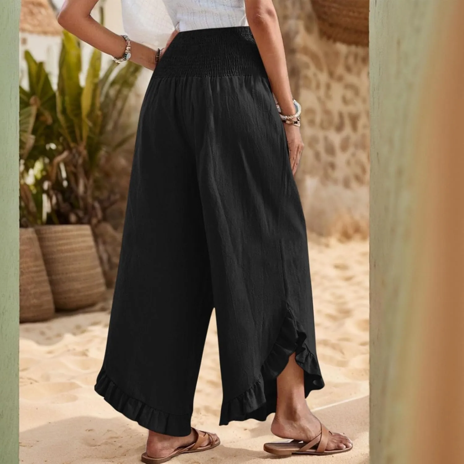 Wide Leg Linen Pants for Women Smocked Waist Ruffle Hem Summer Palazzo Casual Boho Flowy Beach Trouser with Pockets