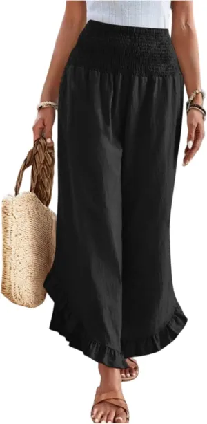 Wide Leg Linen Pants for Women Smocked Waist Ruffle Hem Summer Palazzo Casual Boho Flowy Beach Trouser with Pockets
