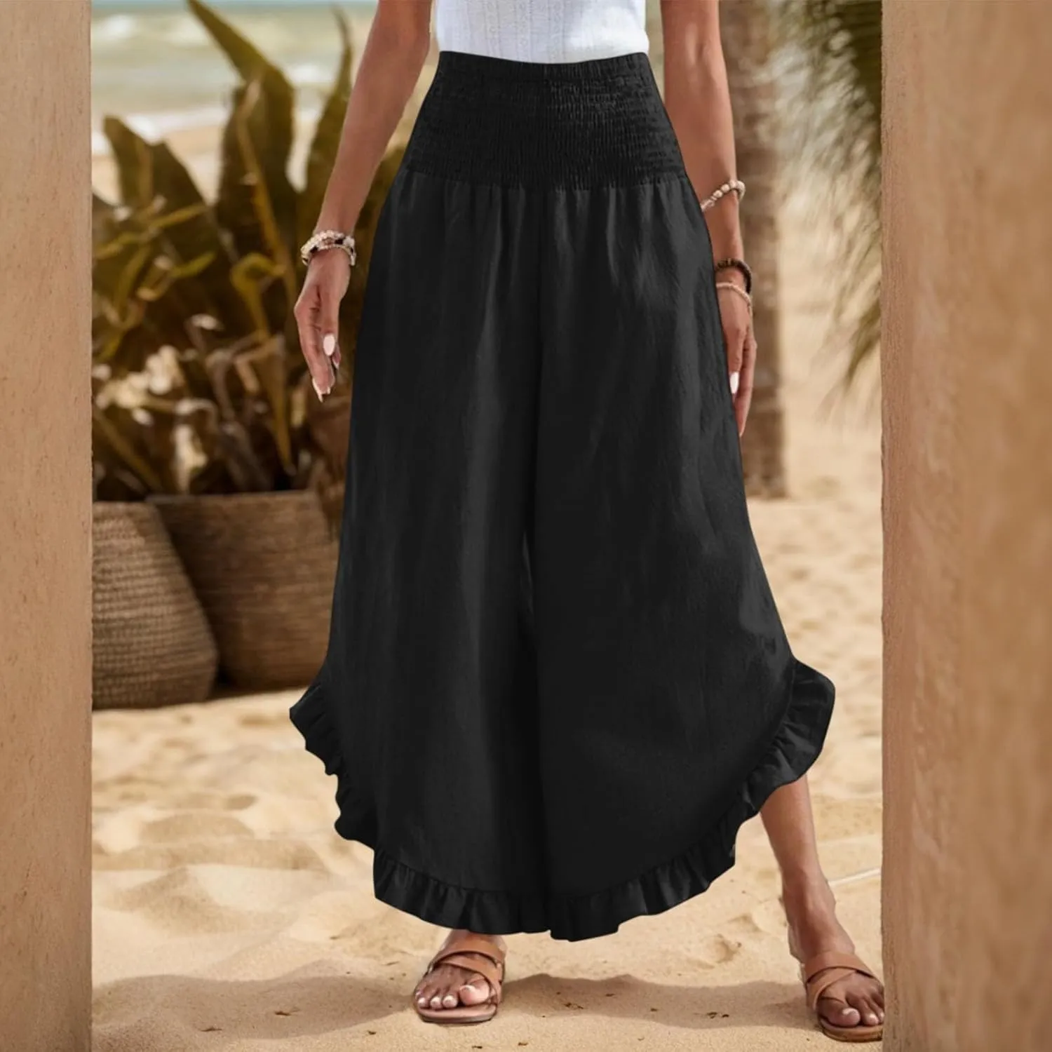Wide Leg Linen Pants for Women Smocked Waist Ruffle Hem Summer Palazzo Casual Boho Flowy Beach Trouser with Pockets