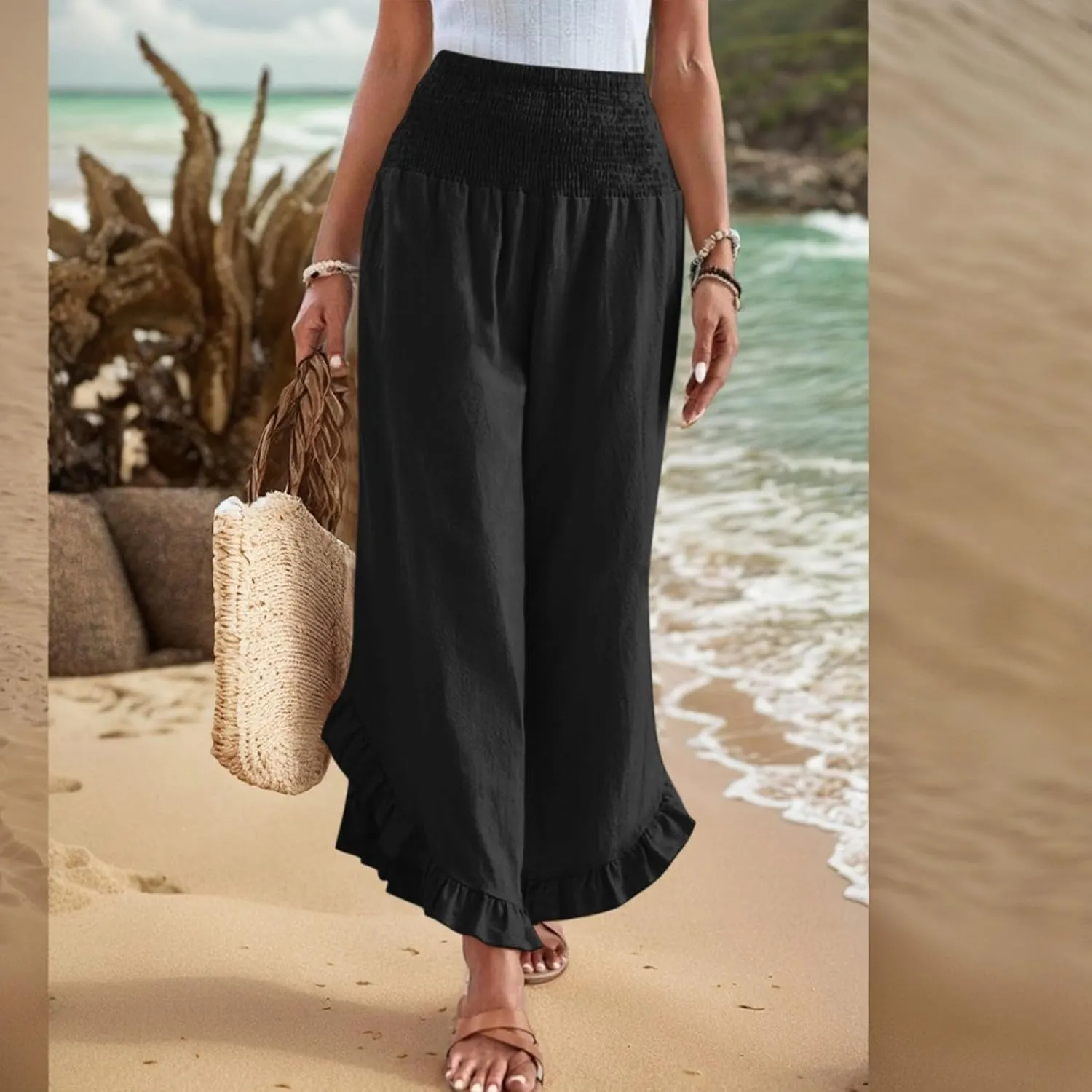 Wide Leg Linen Pants for Women Smocked Waist Ruffle Hem Summer Palazzo Casual Boho Flowy Beach Trouser with Pockets
