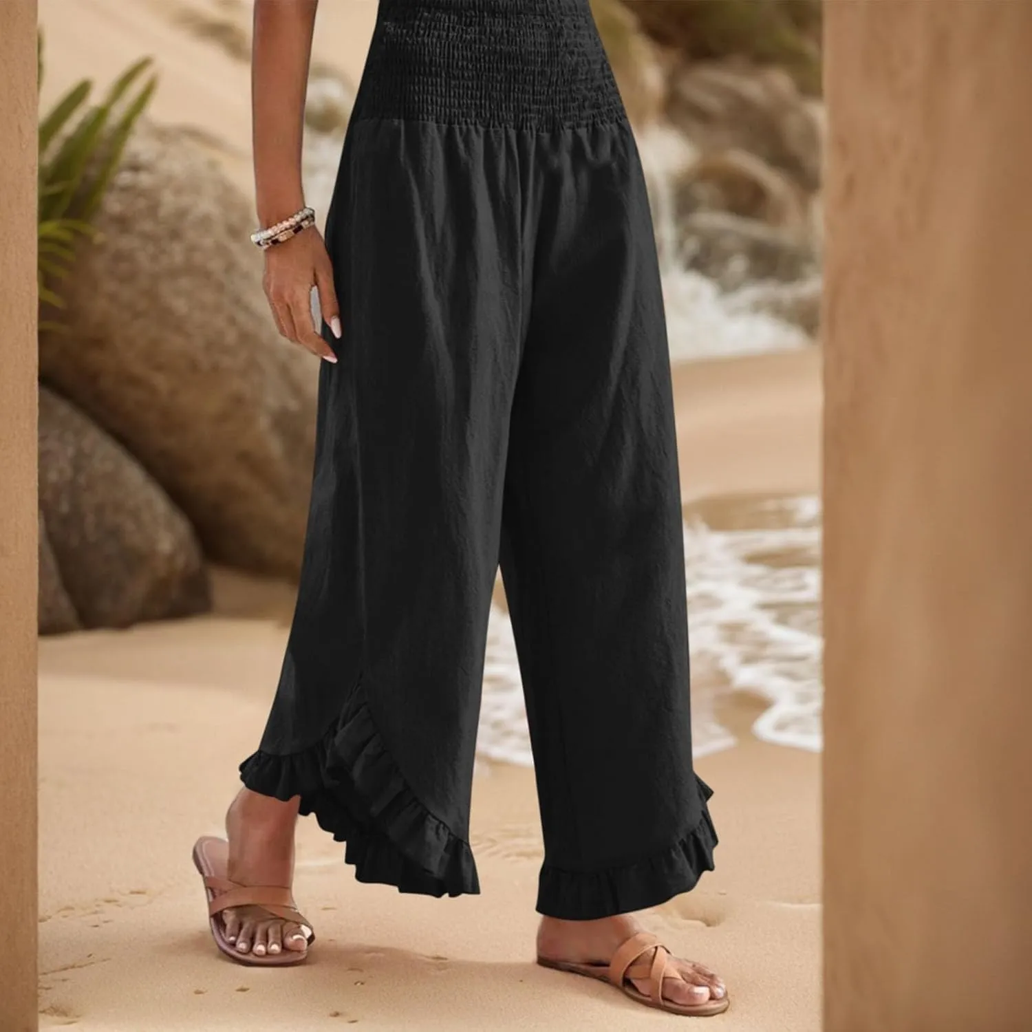 Wide Leg Linen Pants for Women Smocked Waist Ruffle Hem Summer Palazzo Casual Boho Flowy Beach Trouser with Pockets