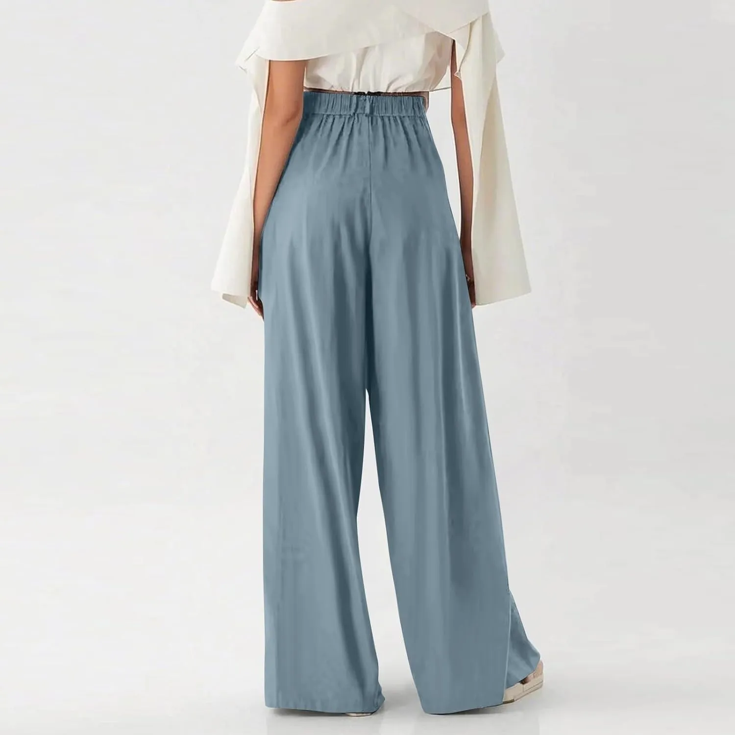 Wide Leg Pants for Women Pull On Flowy Palazzo Pants Lightweight Summer High Wasited Dress Pants with Pockets