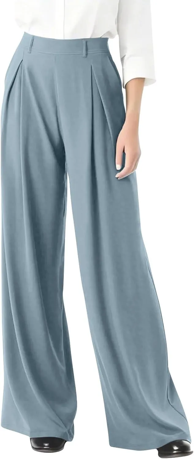 Wide Leg Pants for Women Pull On Flowy Palazzo Pants Lightweight Summer High Wasited Dress Pants with Pockets