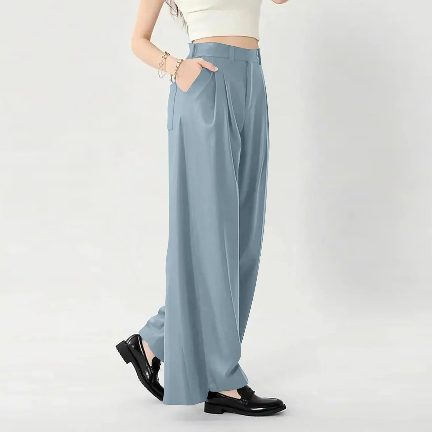 Wide Leg Pants for Women Pull On Flowy Palazzo Pants Lightweight Summer High Wasited Dress Pants with Pockets